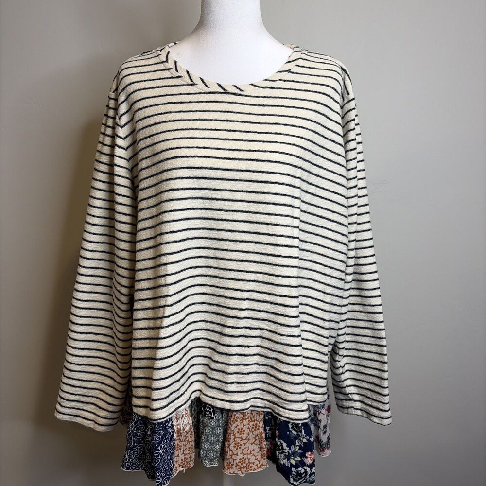 Sailor Striped Top Sz 2X Women Patchwork Ruffle Cotton Terry Cloth Coastal READ